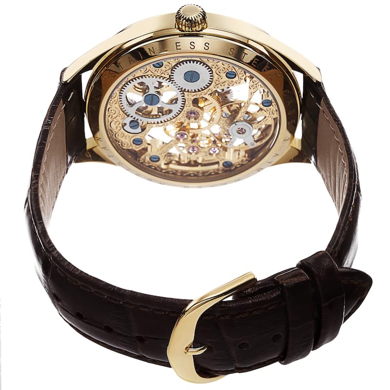 Akribos XXIV Men's Mechanical Skeletal Roman Numeral Markers Leather Gold-Tone Strap Watch