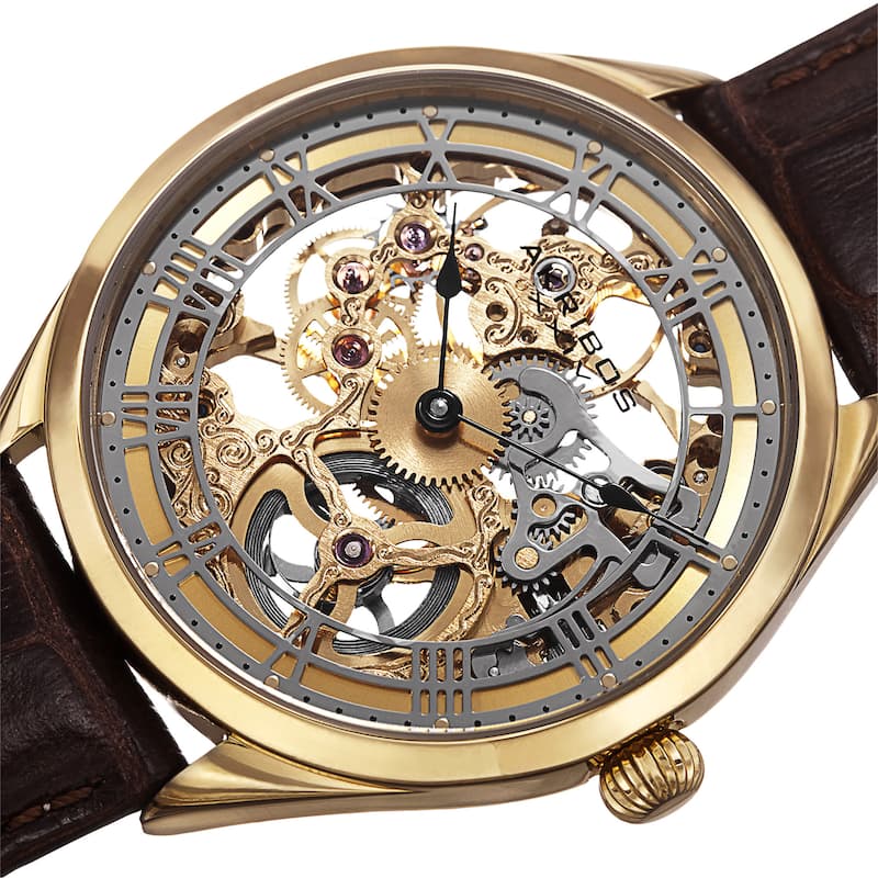 Akribos XXIV Men's Mechanical Skeletal Roman Numeral Markers Leather Gold-Tone Strap Watch