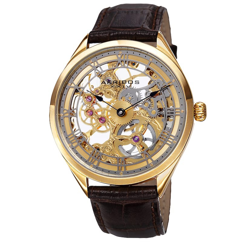 Akribos XXIV Men's Mechanical Skeletal Roman Numeral Markers Leather Gold-Tone Strap Watch