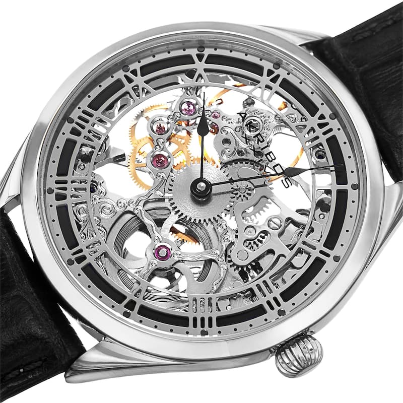 Akribos XXIV Men's Mechanical Skeletal Roman Numeral Markers Leather Gold-Tone Strap Watch