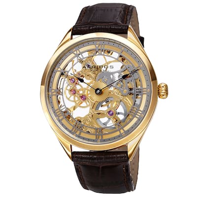 Akribos XXIV Men's Mechanical Skeletal Roman Numeral Markers Leather Gold-Tone Strap Watch