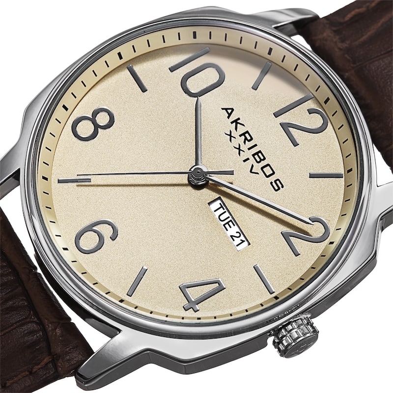 Akribos XXIV Men's Quartz Day/Date Display Leather Brown Strap Watch