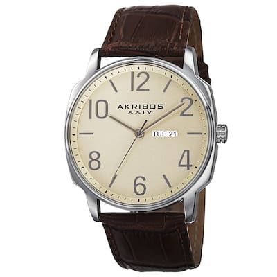Akribos XXIV Men's Quartz Day/Date Display Leather Brown Strap Watch