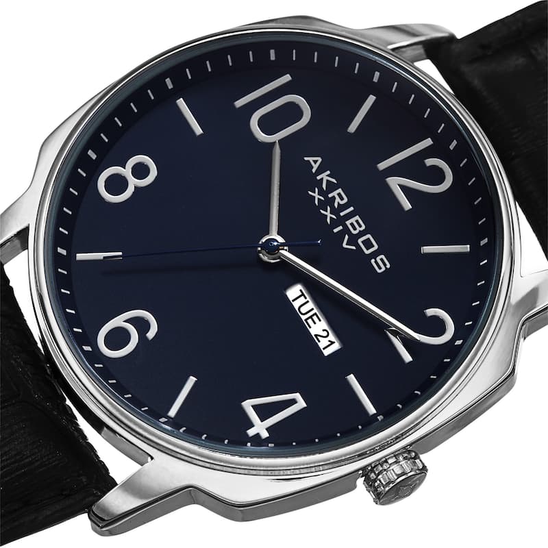 Akribos XXIV Men's Quartz Day/Date Display Leather Blue Strap Watch
