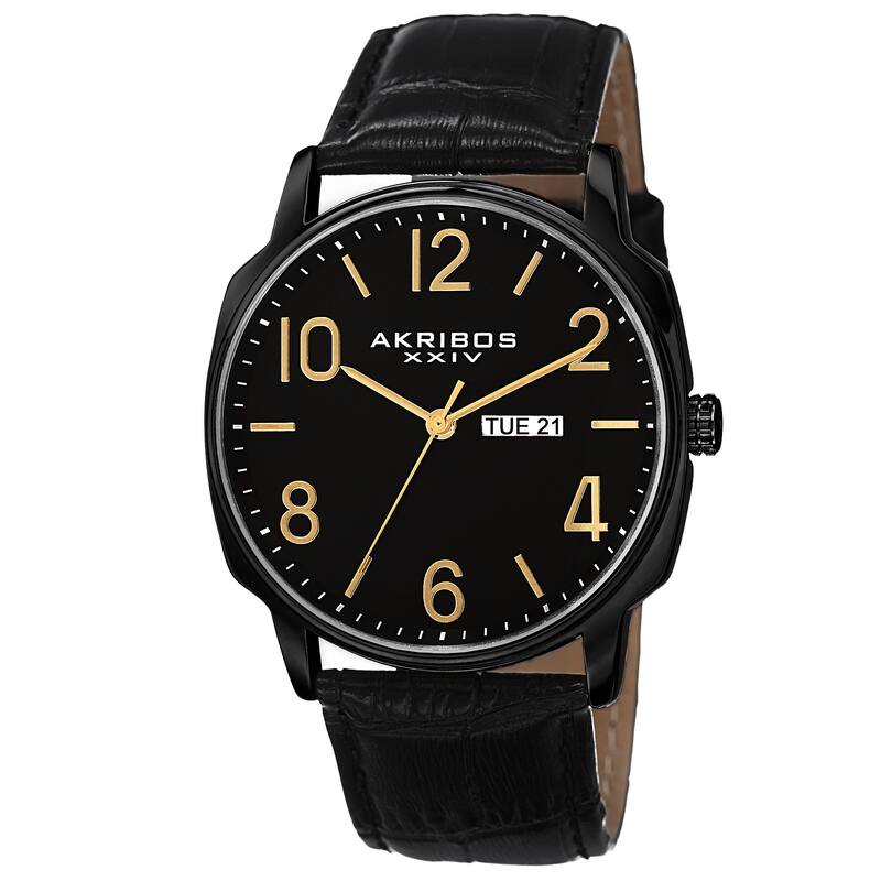 Akribos XXIV Men's Quartz Day/Date Display Leather Black Strap Watch