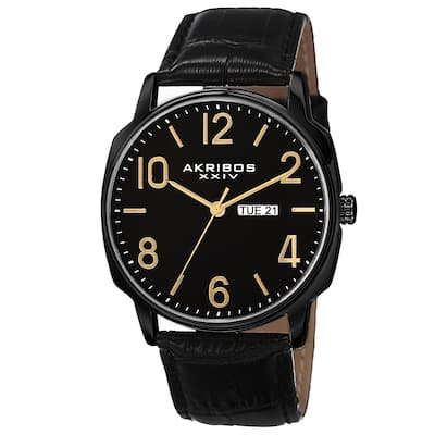 Akribos XXIV Men's Quartz Day/Date Display Leather Black Strap Watch