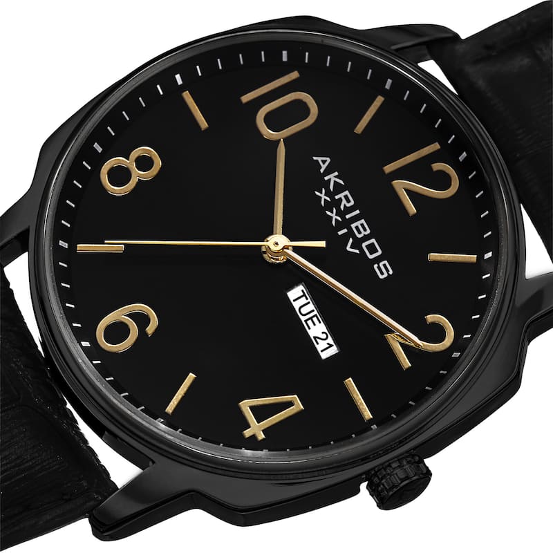 Akribos XXIV Men's Quartz Day/Date Display Leather Black Strap Watch