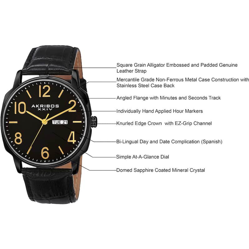 Akribos XXIV Men's Quartz Day/Date Display Leather Black Strap Watch