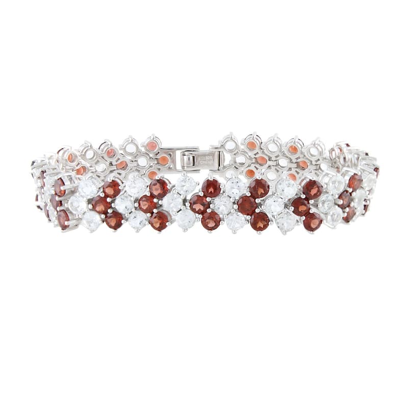 Sterling Silver Peridot, Amethyst, Smoky Qtz, Red Garnet or White Topaz Cheveron Bracelet - Red - 7.25 Inch - Garnet