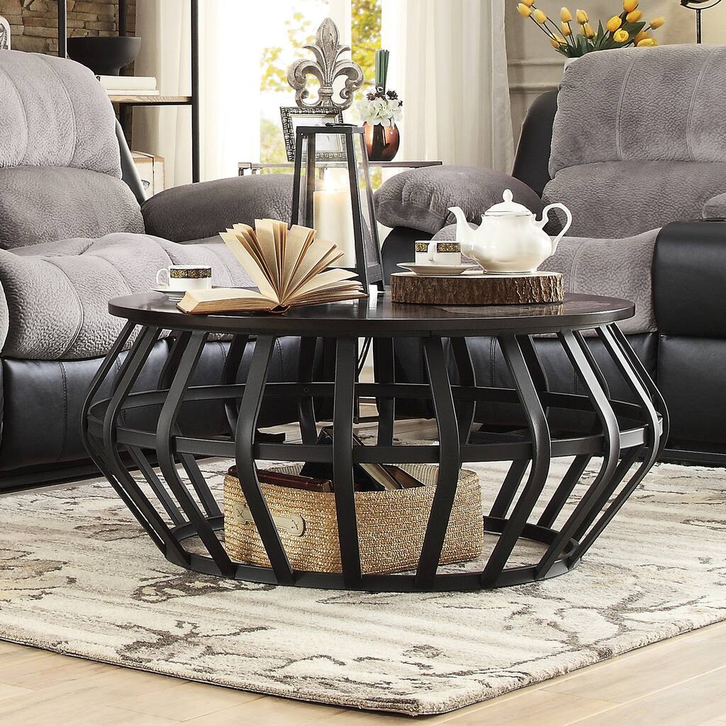 Devon Metal Frame Round Cage Slate Accent Coffee Table by iNSPIRE Q Classic
