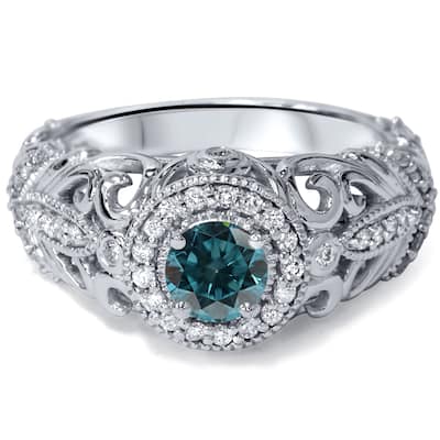 Engagement 14k White Gold 3/4ct TDW Blue and White Diamond Vintage Halo Ring