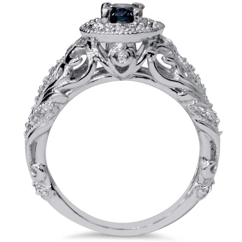 Engagement 14k White Gold 3/4ct TDW Blue and White Diamond Vintage Halo Ring