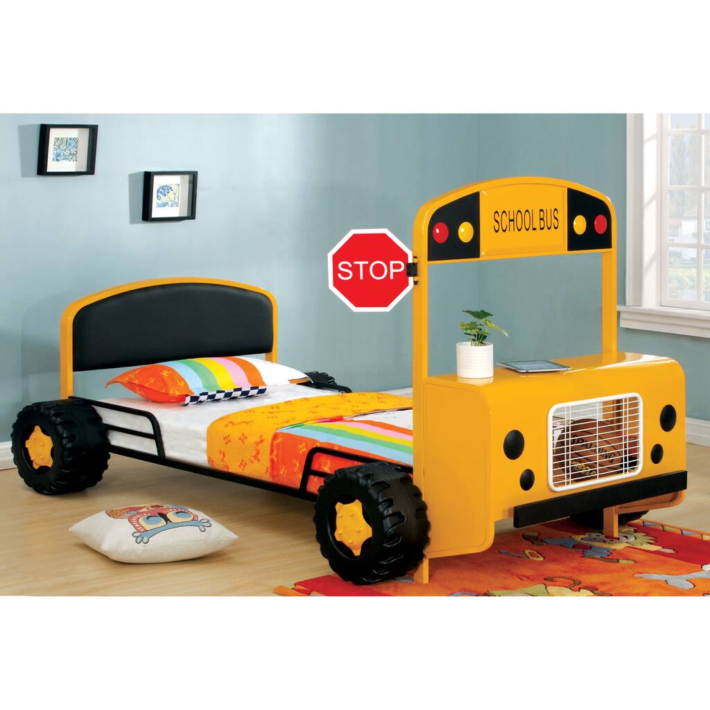 Furniture of America Netz Modern Yellow Twin Faux Leather Kid Bed