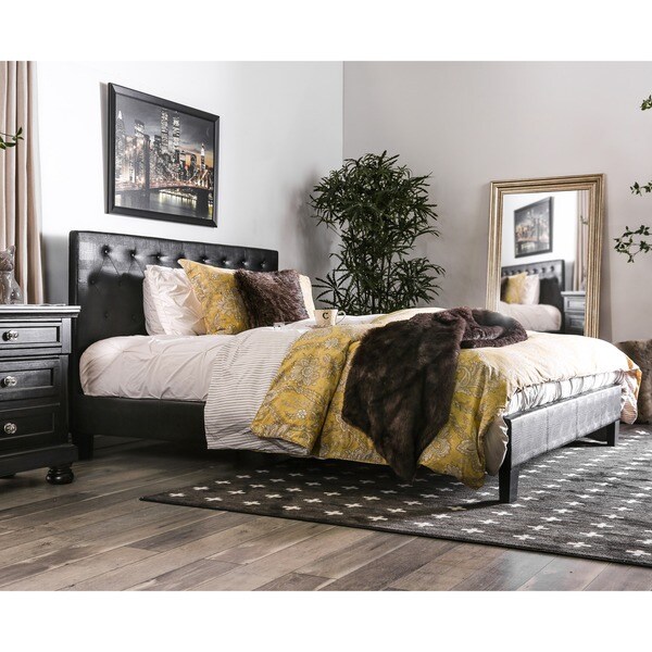 Furniture of America Huntress IV Black Crocodile Leatherette Button Tufted Platform Bed