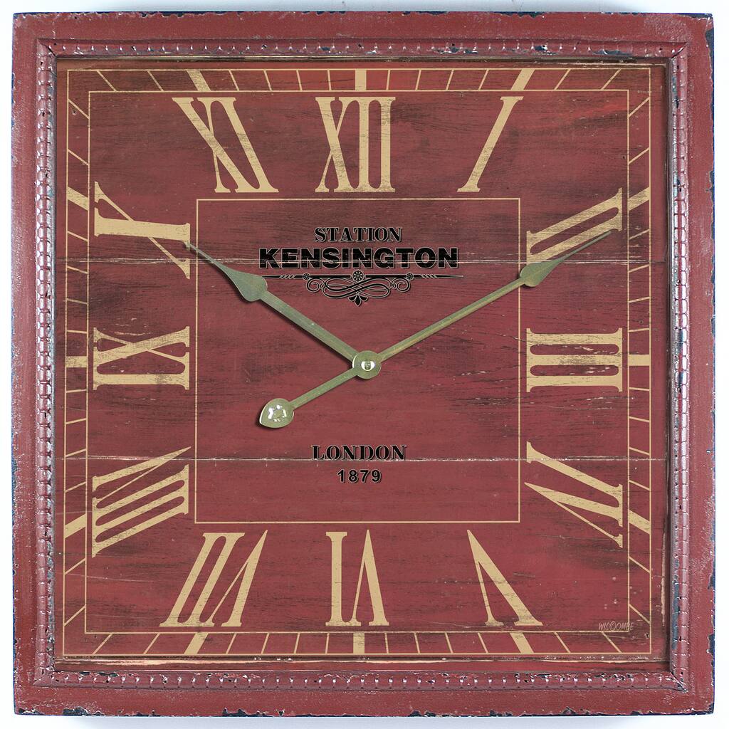 Square MDF Wall Clock Distressed Red Wooden Frame with Glass