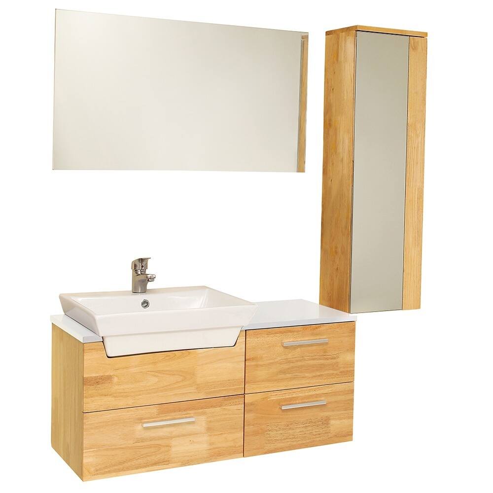 Fresca Caro Natural Wood Modern Bathroom Vanity with Mirrored Side Cabinet