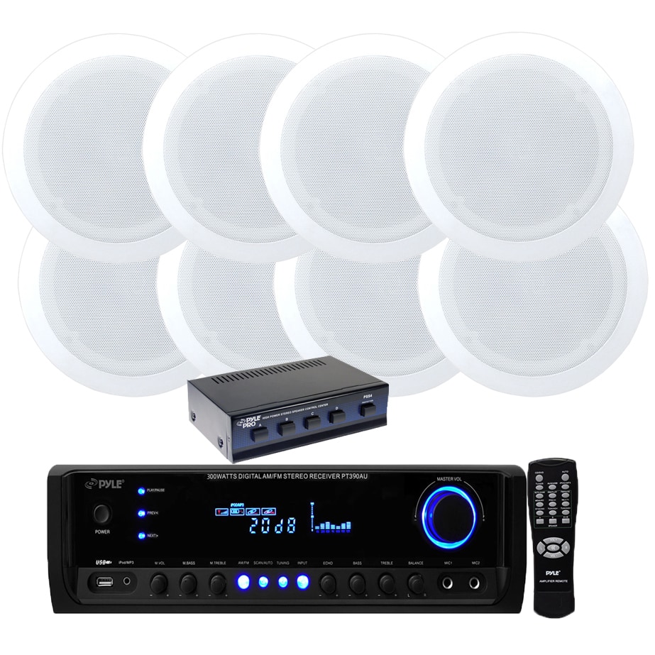 Pyle Kthsp590s 4 Channel 300 Watt Receiver Amplifier With Speaker Selector And 4 Pair 150w 5 25 Inch In Ceiling Speakers