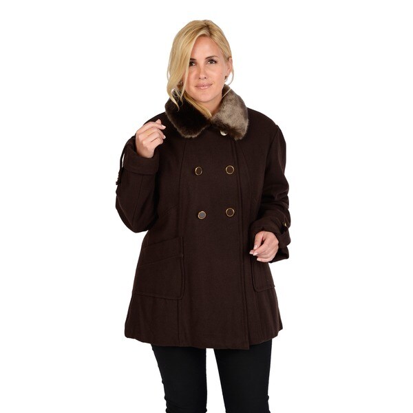 Shop EXcelled Plus Double Breasted Wool Walker with Faux Fur Trim
