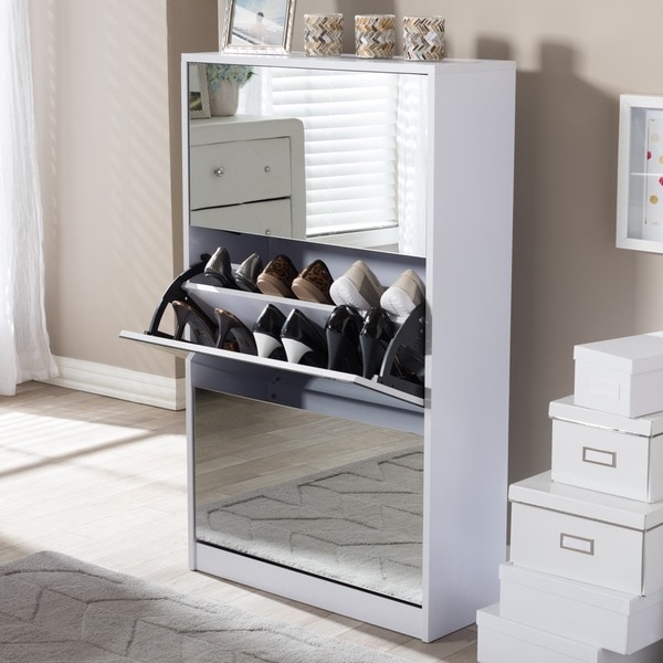 Albany Wood Shoe Storage with Mirror In White Free Shipping