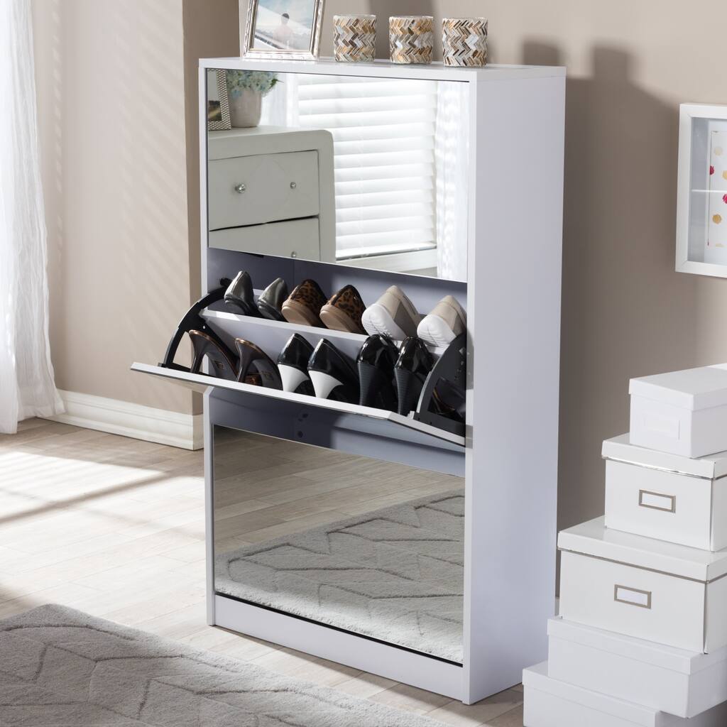 Albany Wood Shoe Storage Cabinet with Mirror In White
