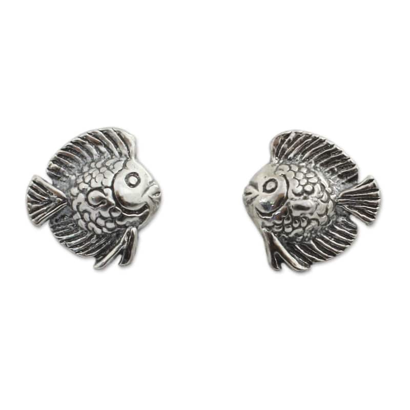 NOVICA Handmade Sterling Silver Happy Fish Earrings (Thailand) - White