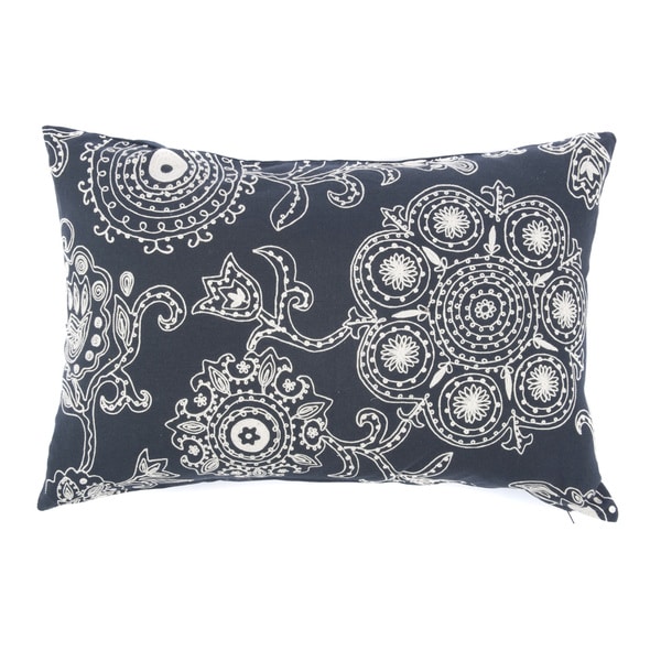 Handmade Suzani Floral Black Cream Long Pillow - 24" x 24"