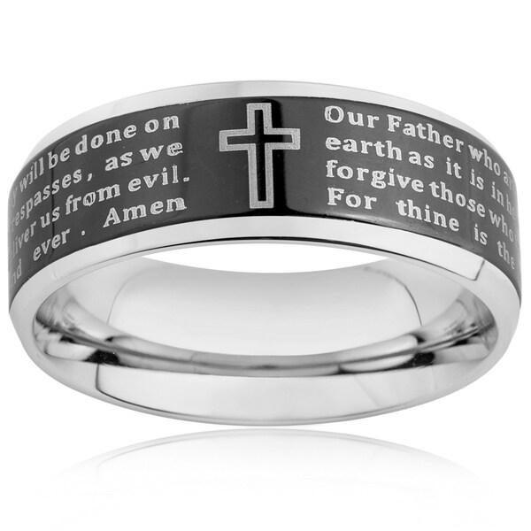 Stainless Steel Men's Beveled Edge Lord's Prayer Ring (6-8 mm)
