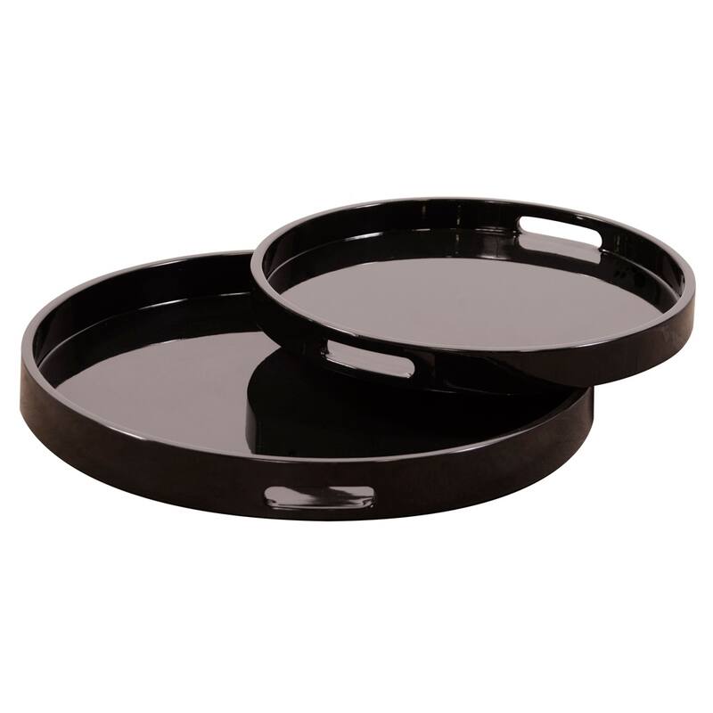 Allan Andrews Black Lacquer Round Wood Tray Set with Handles - Black