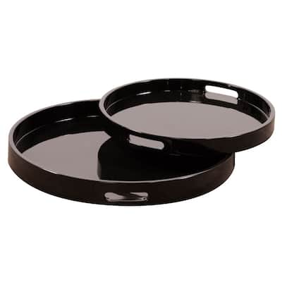 Allan Andrews Black Lacquer Round Wood Tray Set with Handles