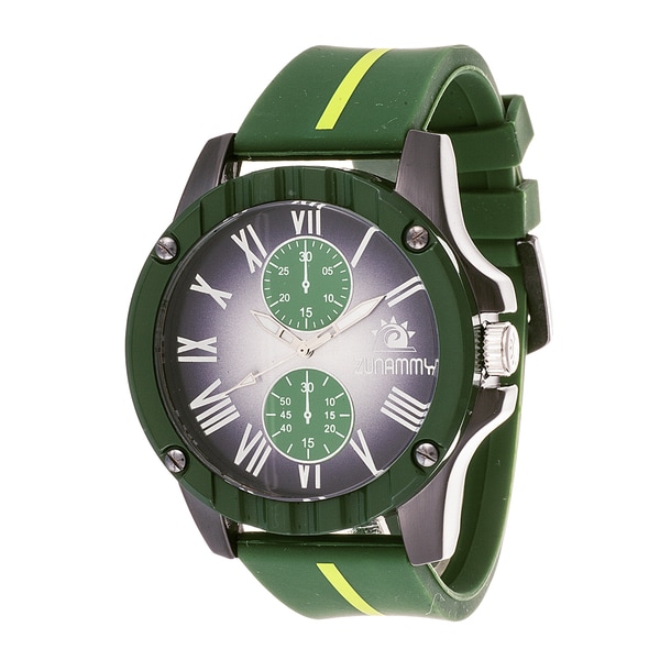 Zunammy Mens Gun Metal Case and Black Dial with Green Rubber Strap
