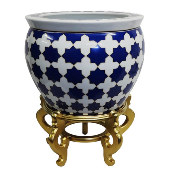 Blue Star Porcelain Fishbowl with Gold Stand