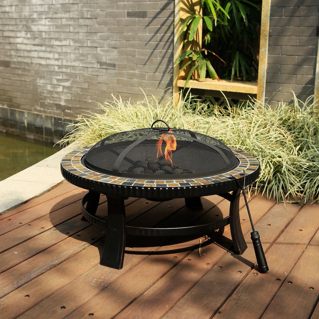 Corvus Azore 30-inch Round Fire Pit with Slate Top and Hand-painted Brushed Bronze Finish