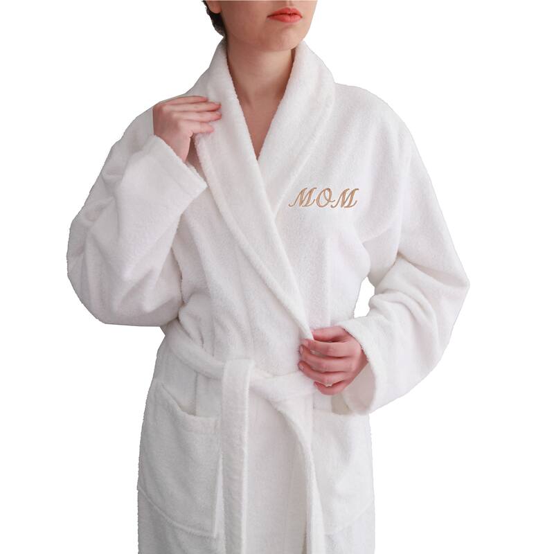 Authentic Hotel and Spa Embroidered 'Mom' Terry Cloth Turkish Cotton Bath Robe - Gold - M