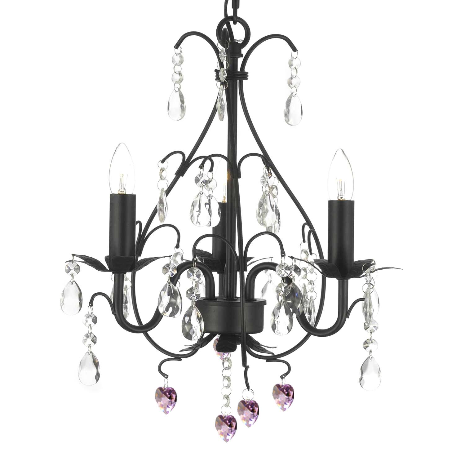 Wrought Iron and Crystal 3 Light Swag Plug In Chandelier with Pink Crystal Hearts (swag and hearts) - Chandeliers For Bedrooms by Overstock.com