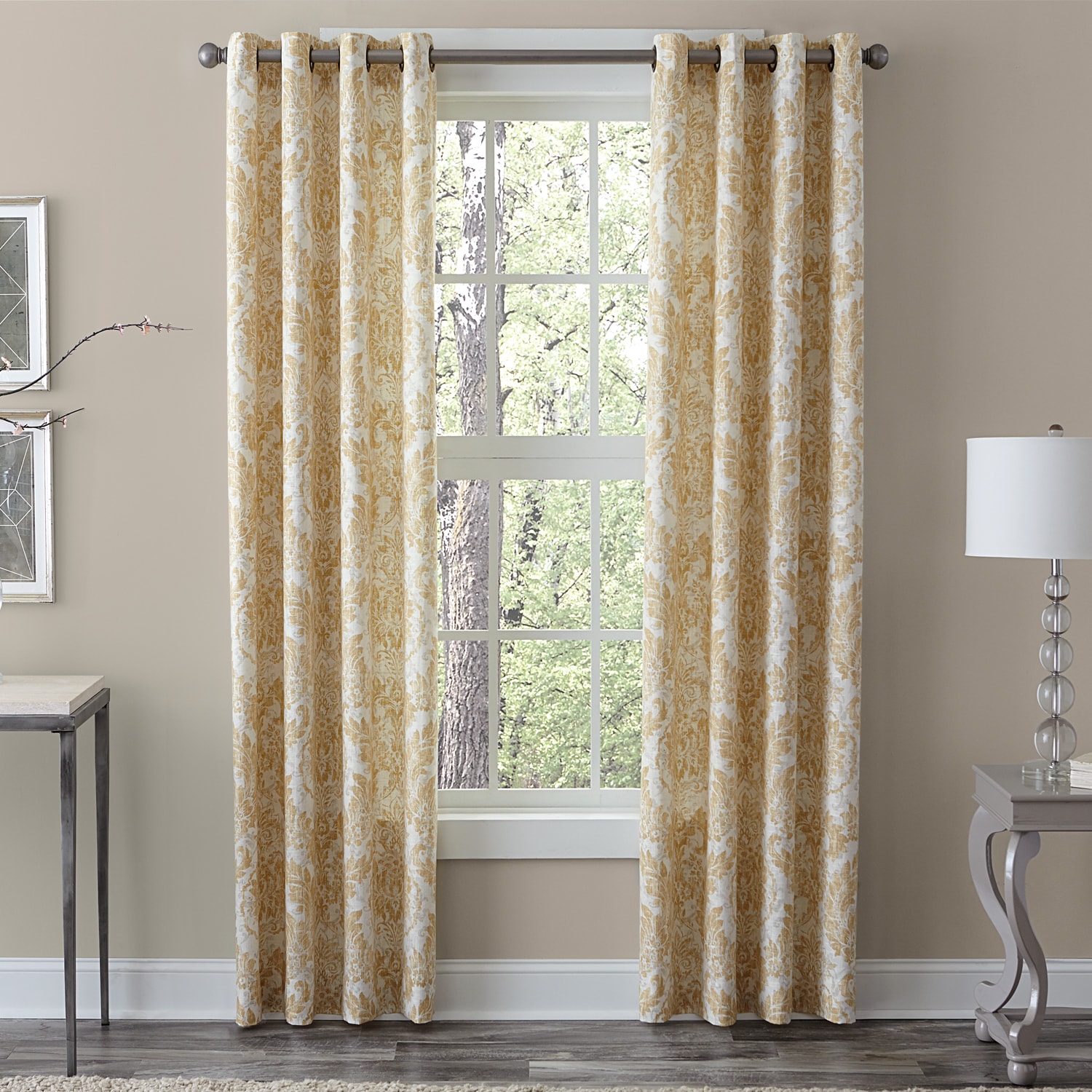Grommet Window Curtain Panels Light Gray with Ivory Medallion 2 Set of Two