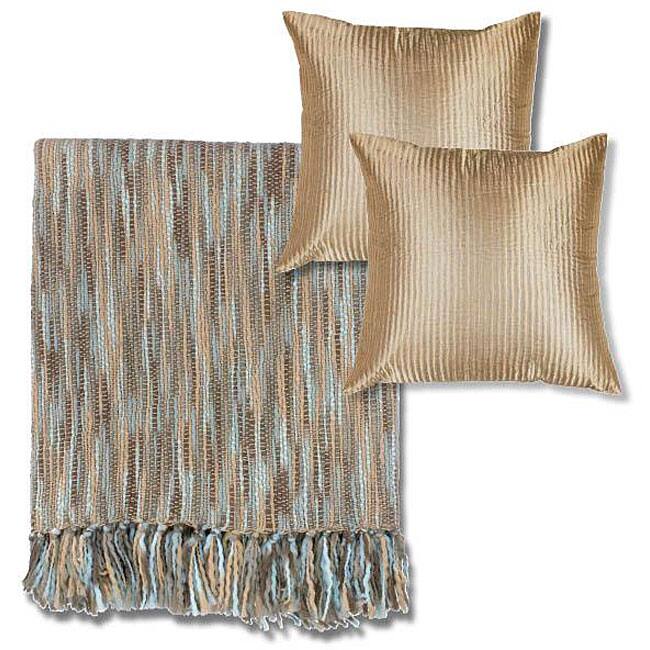 Blue/Beige Machine Washable Throw Blanket and Decorative Pillows