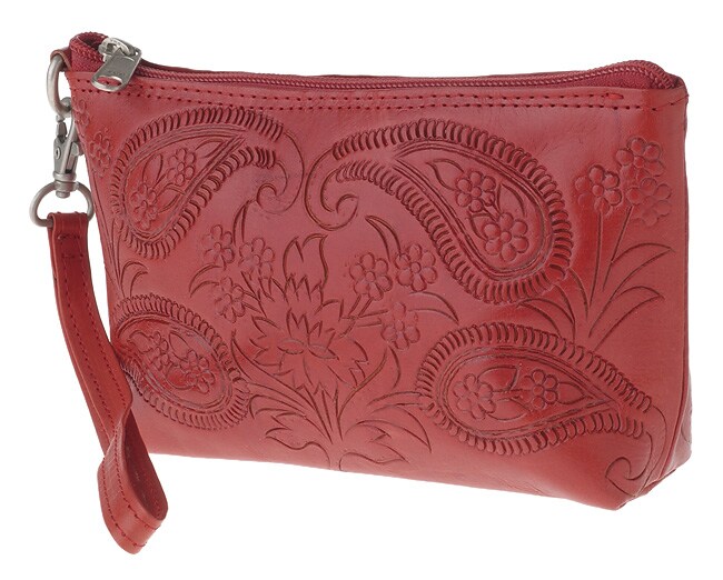 red tooled leather purse