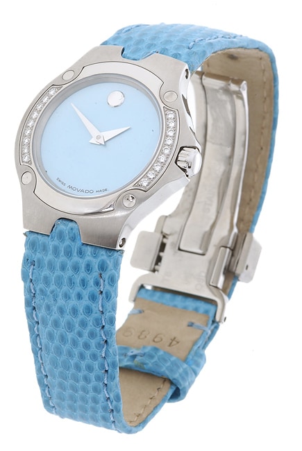Movado Sports Edition Womens Blue Dial Leather Strap Diamond Watch