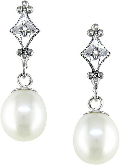 14 kt. White Gold Diamond Cultured Freshwater Pearl Drop Earrings 