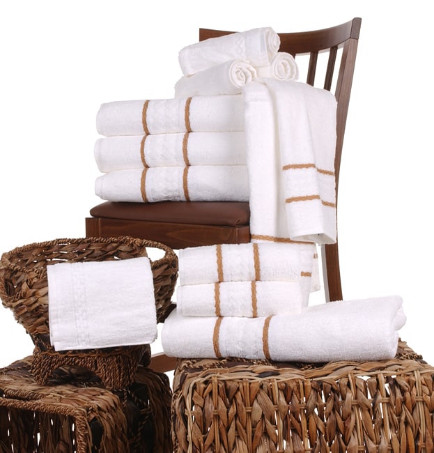 White Bathroom Towels with Gold Embroidery (Set of 12) Free Shipping