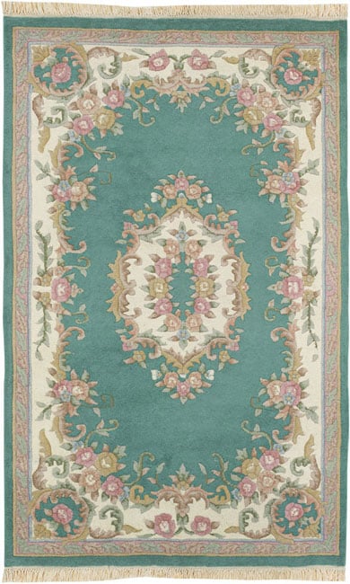 Hand knotted Aubusson Teal Wool Rug (5 Round)  