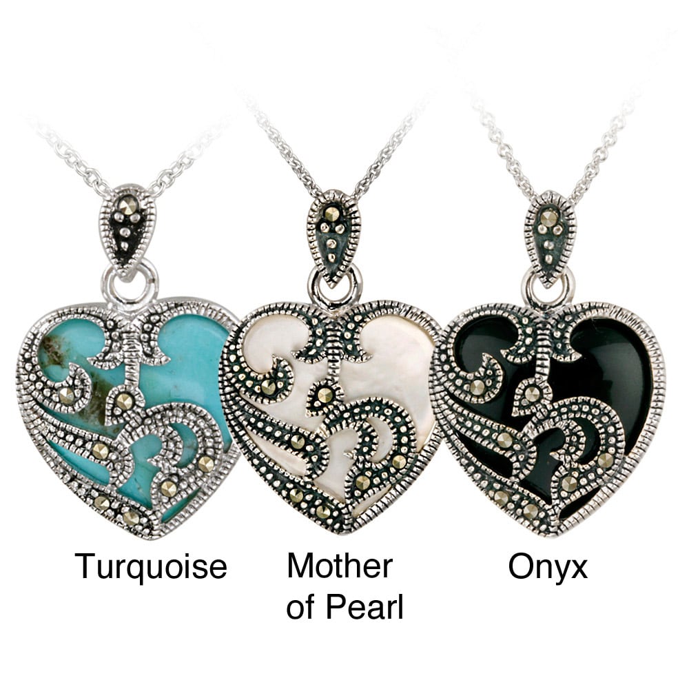 Sterling Silver Marcasite and Gemstone Heart Necklace