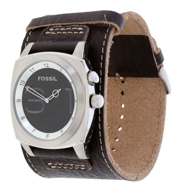 Fossil Men's Black Dial Big Tic Black Leather Cuff Strap Watch - Free ...