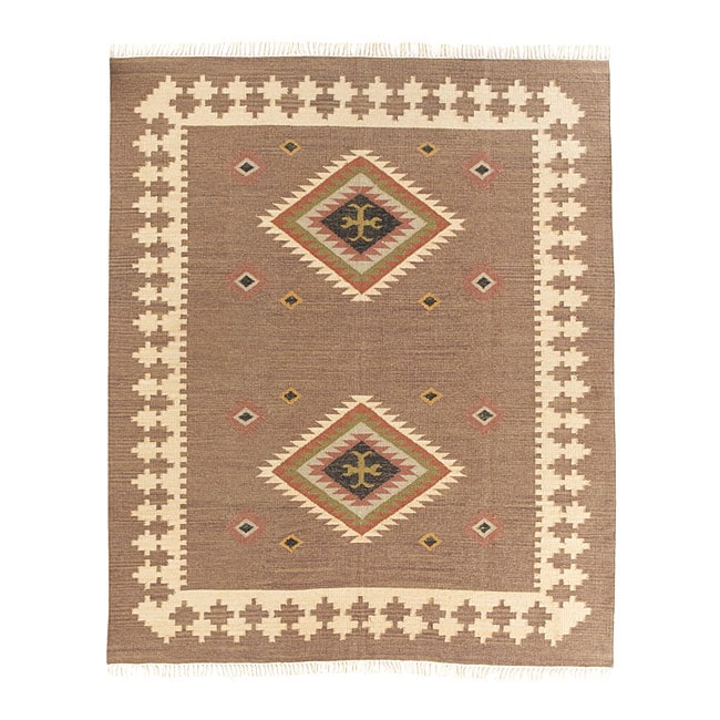 Flat woven Aztec Earthtone Wool Rug (9 x 12)  