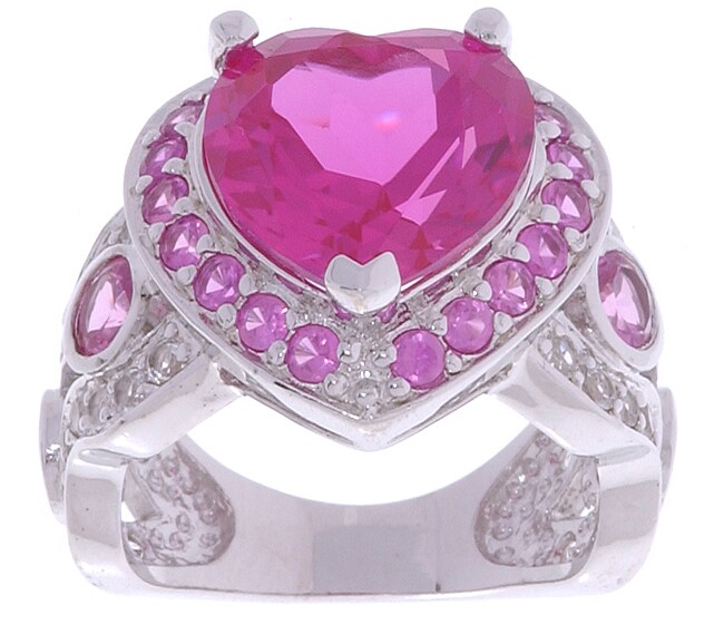   Sterling Silver Created Pink Sapphire CZ Heart Ring  