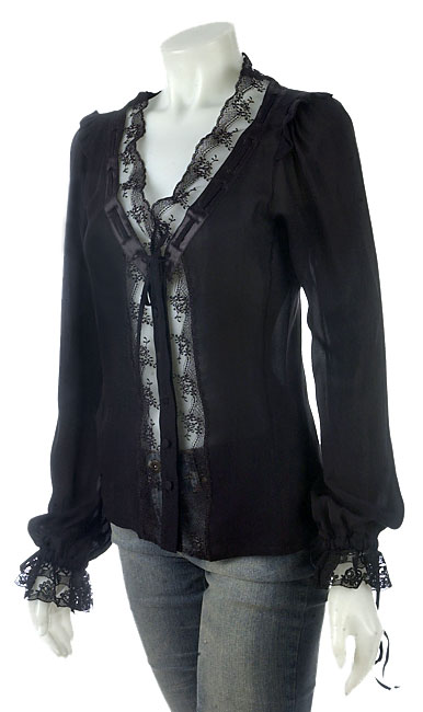 Pinko Fermione Black Silk Georgette Lace Shirt  