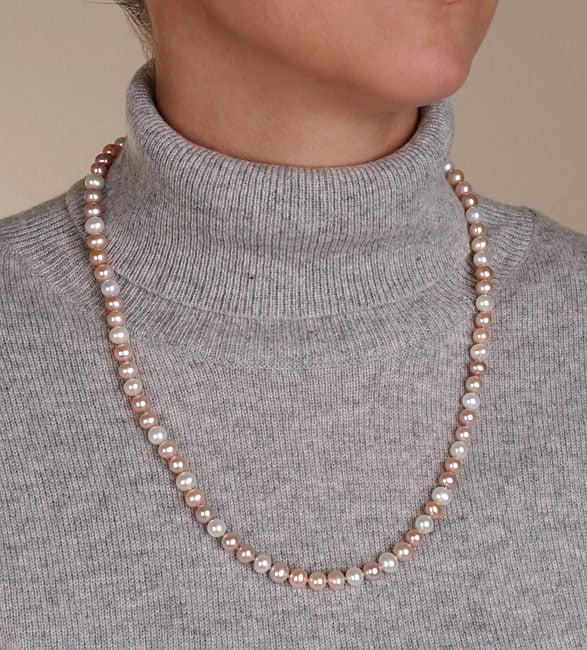 DaVonna White and Pink Freshwater Pearl 24 inch Necklace (6.5 7 mm 