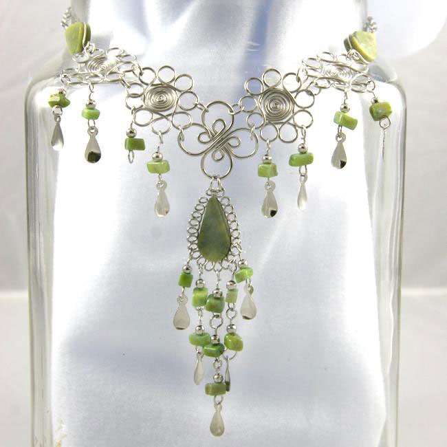 Olive Green Agate Necklace and Earrings Set (Peru)  
