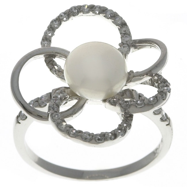 Sterling Silver CZ Floral Cultured FW Pearl Ring  