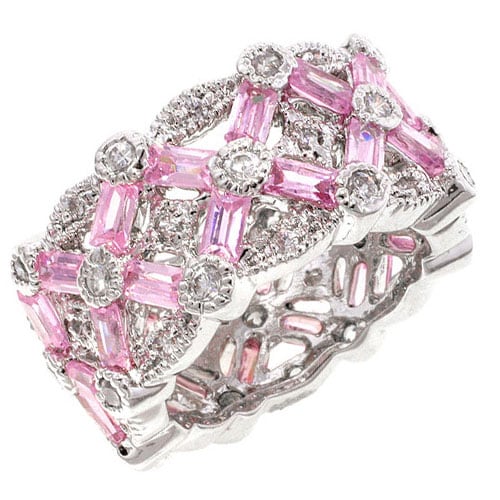 Silvertone Pink CZ Baguette Eternity Band  